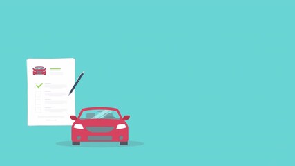 Car insurance document, report. Paper agreement checklist or loan checkmarks form list approved with automobile icon, vehicle financial, car dealership legal deal documentation, 4k Animation  
