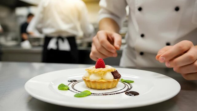 Male chef placing raspberry on dessert tart then presenting finished plate in professional kitchen setting