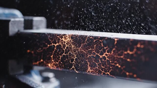 Close-up of a metal object with orange cracks on its surface, with water droplets falling on it in a dark background.