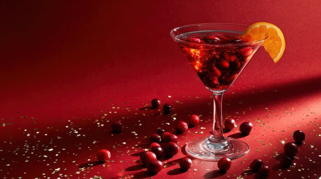 Red festive cocktail with cranberries and orange slice on red background