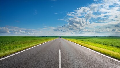 Fototapeta premium a serene highway stretching into a clear blue sky with gentle clouds over green fields in the background capturing a sense of calm and freedom on the open road