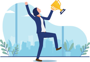 Obraz premium Businesswoman winning - Female person with trophy cheering and being happy after reaching success. Successful and rewarded concept.