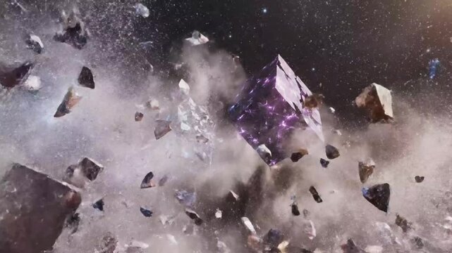 A large purple crystal explodes into fragments amidst a cloud of dust and debris in a dark, starry space environment with a cinematic and dramatic mood.