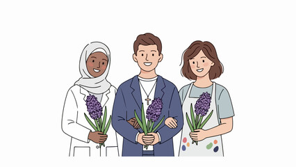 Illustration showing people diversity, with multi ethnic individuals holding purple flowers. People diversity displayed through characters from different backgrounds smiling together.