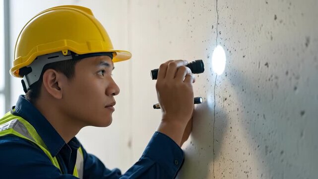 Asian man inspector in hard hat examining cracked concrete wall with flashlight, construction safety inspection concept