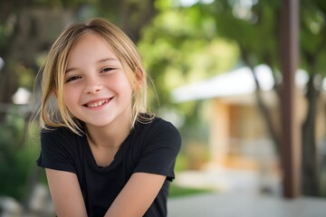 Smiling blonde girl in black shirt poses in front of blurred outdoor background