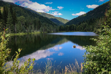 photo of mountain lake reflecting the surrounding forest and bright blue sky with fluffy white clouds