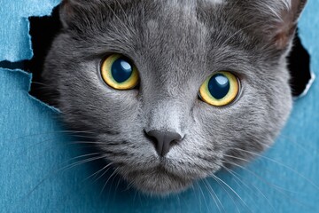 Grey cat peeking through torn blue paper background