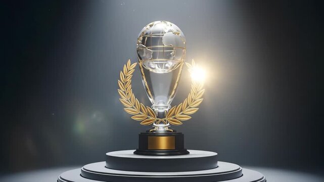 Shiny clear glass trophy with golden globe and laurel wreath on dark podium with spotlight animation