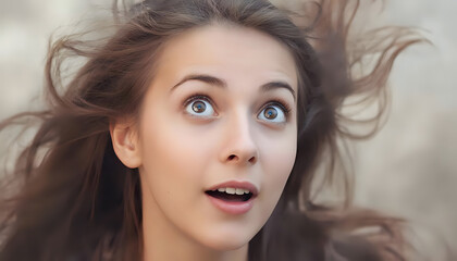 Naklejka premium Random photo effect of a surprised, stunningly beautiful girl looking up.