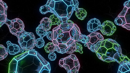 Vibrant abstract representation of molecules in neon colors on a dark background.