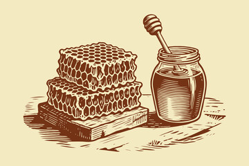 Hand-drawn sketch of honeycomb and honey jar with dipper in rustic engraving style on beige background, concept of natural sweet food