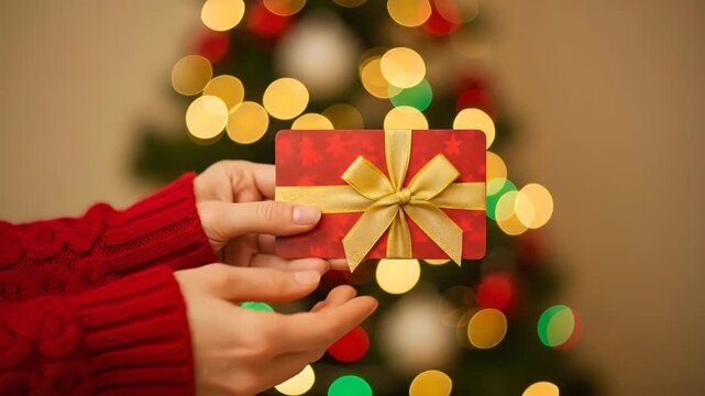 Female hand holding red gift card with golden ribbon against Christmas tree holiday bokeh. Marketing and personal shopping concept for winter season.