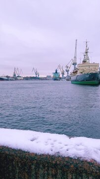 ST. PETERSBURG, RUSSIA - November 15, 2025: View of the old icebreaker Krasin on a frosty November day. Currently, the icebreaker, which was used in the polar regions, is a museum located on the Neva