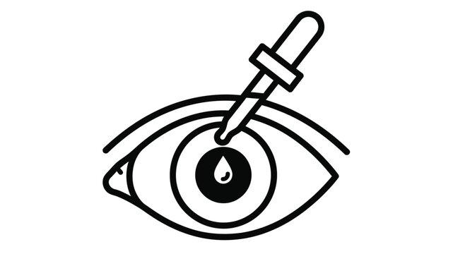 A simple black and white illustration of an eye with a dropper applying a liquid drop