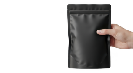 Hand holding blank black standing pouch mockup isolated against transparent background for food or drink design
