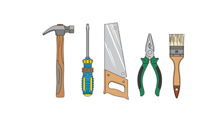 Assorted hand tools including hammer, screwdriver, saw, pliers, and brush  