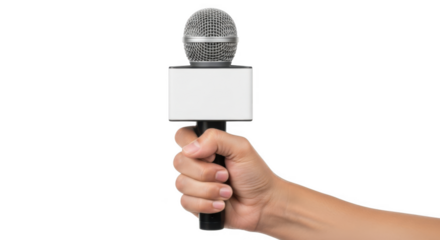 Journalist hand holding blank white box microphone isolated on transparent background ready for interview