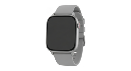Modern smartwatch with blank dark screen and gray strap isolated on transparent background