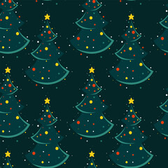 Christmas tree with a star on a green background. Seamless pattern.