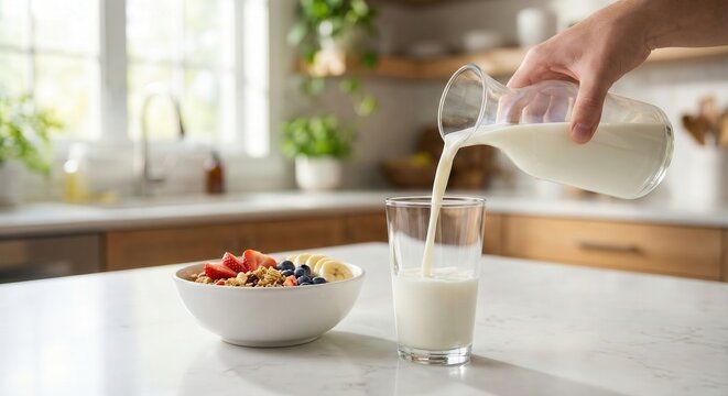 Hand Pouring Milk into Glass on Kitchen Counter Next to Fruit Granola Bowl