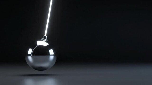 Close-up shot of a metallic wrecking ball suspended from a cable against a dark background with dramatic lighting.