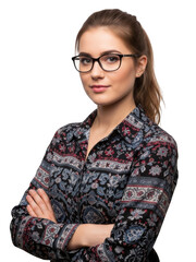 Confident young woman with glasses isolated on transparent background