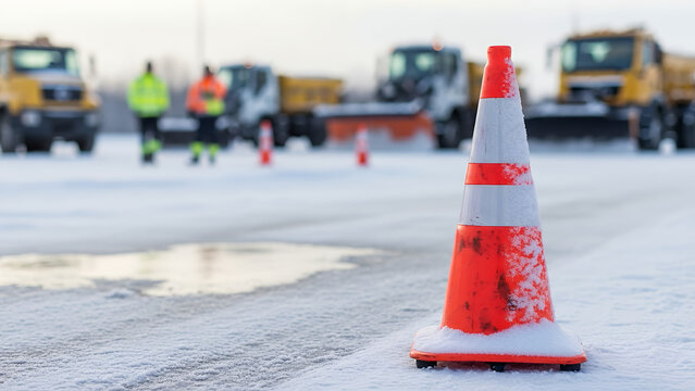 Traffic cone in snow with snowplows and workers in winter scene  