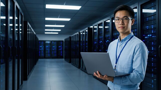 Asian Male Technician Holding Laptop Standing in Server Room Data Center - Powered by Adobe