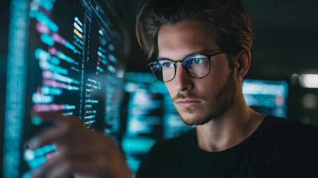 Focused young male software developer with glasses working on code at night in a modern tech office. He analyzes programming scripts on multiple monitors, demonstrating concentration and expertise