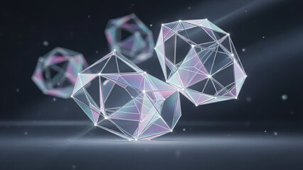 Abstract geometric shapes with a translucent finish and glowing edges in a dark setting.