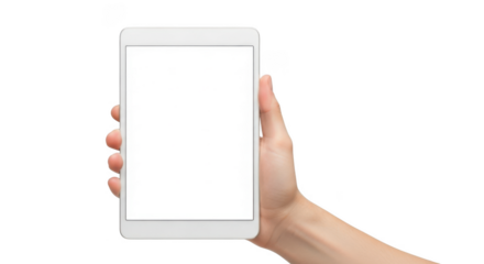 Woman hand holding white tablet with blank screen isolated on transparent background ready for your design
