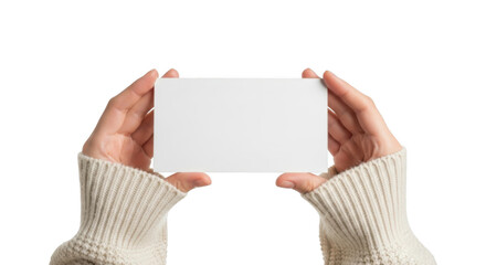 Woman hands holding blank white card business card with empty space for text message or advertising against transparent background