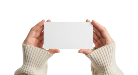 Woman hands holding blank white card business card with empty space for text message or advertising against transparent background