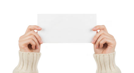 woman hands holding blank white paper card in sweater isolated on transparent background for message