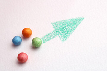 Colorful spheres follow the direction indicated by a green arrow. Growth objectives and goals