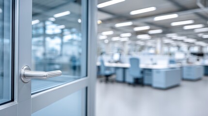 Bright, spacious laboratory or office with workstations in the background.