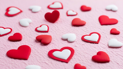 A collection of red and white heart shapes scattered on a textured pink surface, ideal for Valentine's Day backgrounds, romantic pattern designs, and sweet love-themed graphics.