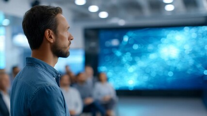 Confident young man attentively listens to presentation in modern conference room with digital screen displaying abstract data. Professional atmosphere highlights business innovation, networking