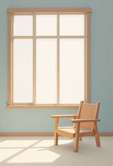 Minimal poetic illustration of an empty wooden chair by a sunlit window, soft daylight shapes and quiet domestic space with open upper area for messaging, created for Stress Awareness Month