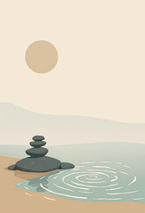 Minimal poetic illustration of smooth stones gently balanced near still water with soft circular ripples and a fading sun disk, spacious calm layout with open upper space for text for Stress Awareness