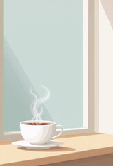 Minimal poetic illustration of a single coffee cup by a window with gentle steam rising, paused calm moment with clean bright space for farewell text, thoughtful office goodbye postcard style