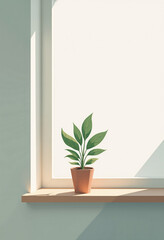 Minimal illustration of a small office plant on a windowsill touched by warm sunlight, airy calm composition with open space for farewell text, subtle symbol of growth and new beginnings