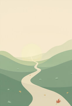 Minimal poetic illustration of a quiet path curving toward the horizon in soft morning light, gentle sense of transition and hope with open sky space for farewell messages