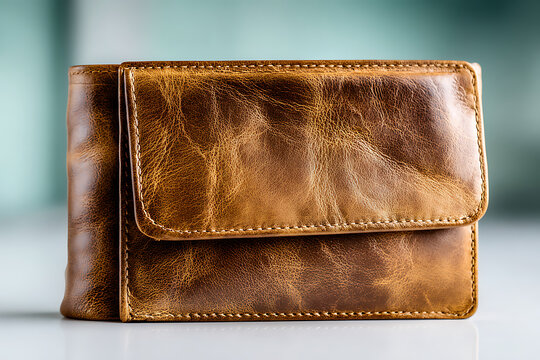A Close-Up Detailed View of a Folded Brown Leather Bifold Wallet with Visible Texture and Stitching Against a Softly Blurred Light Blue and White Background