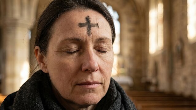 Spiritual woman with ash cross on forehead praying with eyes closed in church representing ash wednesday tradition and lent season repentance