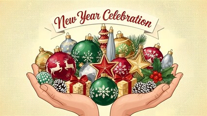 New Year Celebration banner illustration with ornaments like baubles and gifts held in open hands, perfect for holiday greeting cards, joyful party invites, cheerful season's greetings visuals.