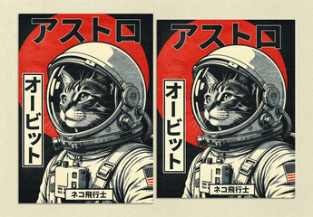 Japanese Retro Sci-Fi Astro Cat Poster Template