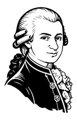 wolfgang amadeus mozart, portrait of an 18th century classical composer with powdered wig and formal attire isolated on white background in vintage engraved illustration style