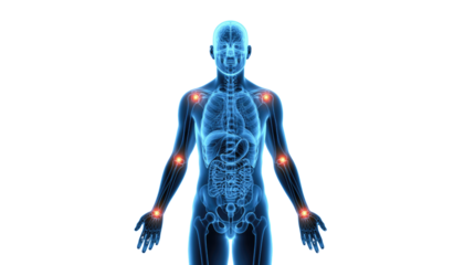 Human body silhouette with glowing blue outlines and highlighted joints on a clean white background cutout